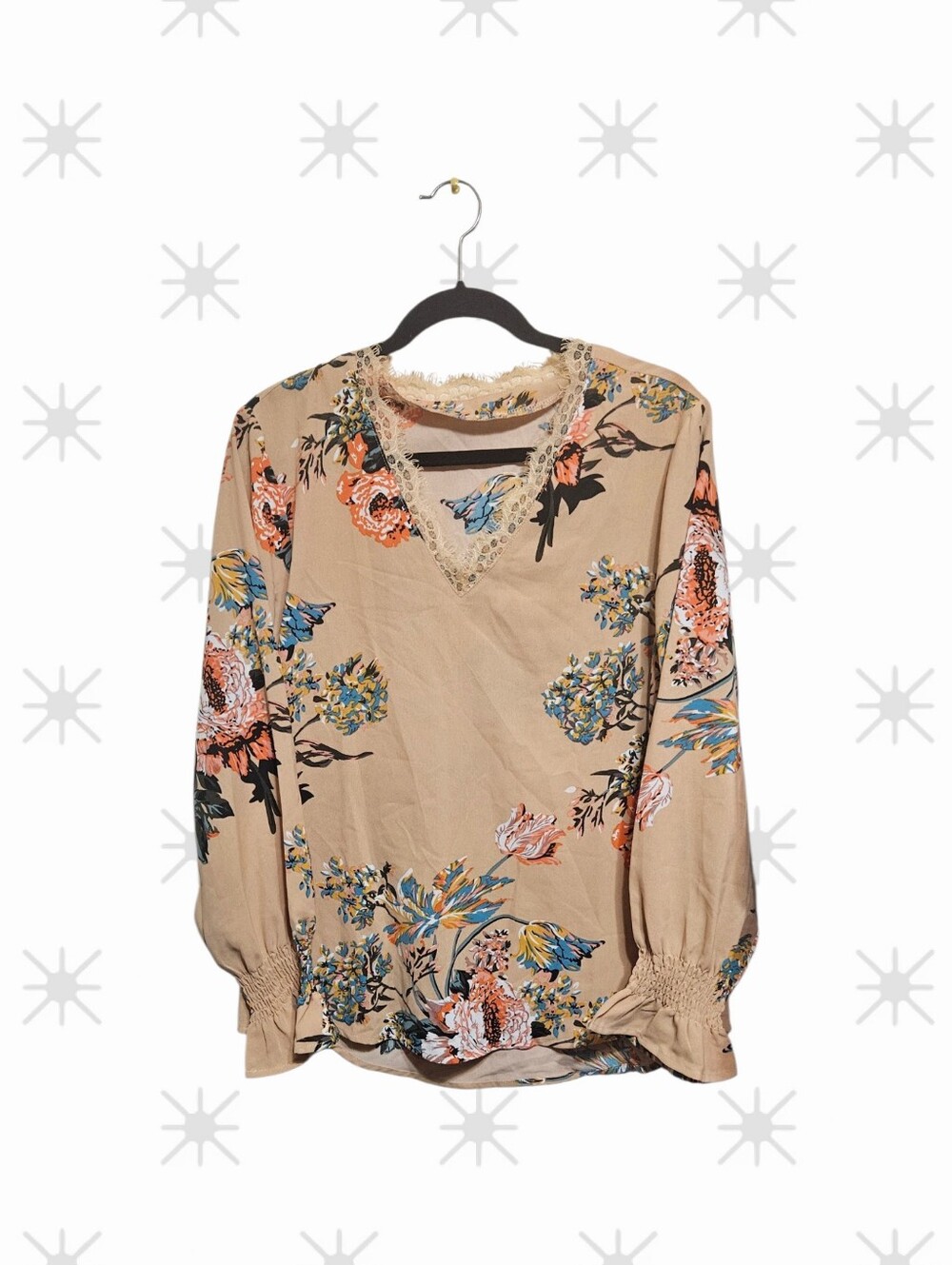 SHEIN Beige Floral Lace-Trim V-Neck Blouse